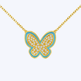 Blue Enamel and Diamond Pave Buttefly Pendant Necklace