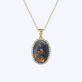 Fiery Black Opal and Diamond Halo Pendant Necklace