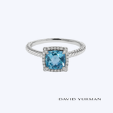 David Yurman "Petite Chatelaine" 925 Sterling Silver 7mm Cushion-Cut Blue Topaz with 0.10ctw Pave Diamond Ring - 7 (EST)
