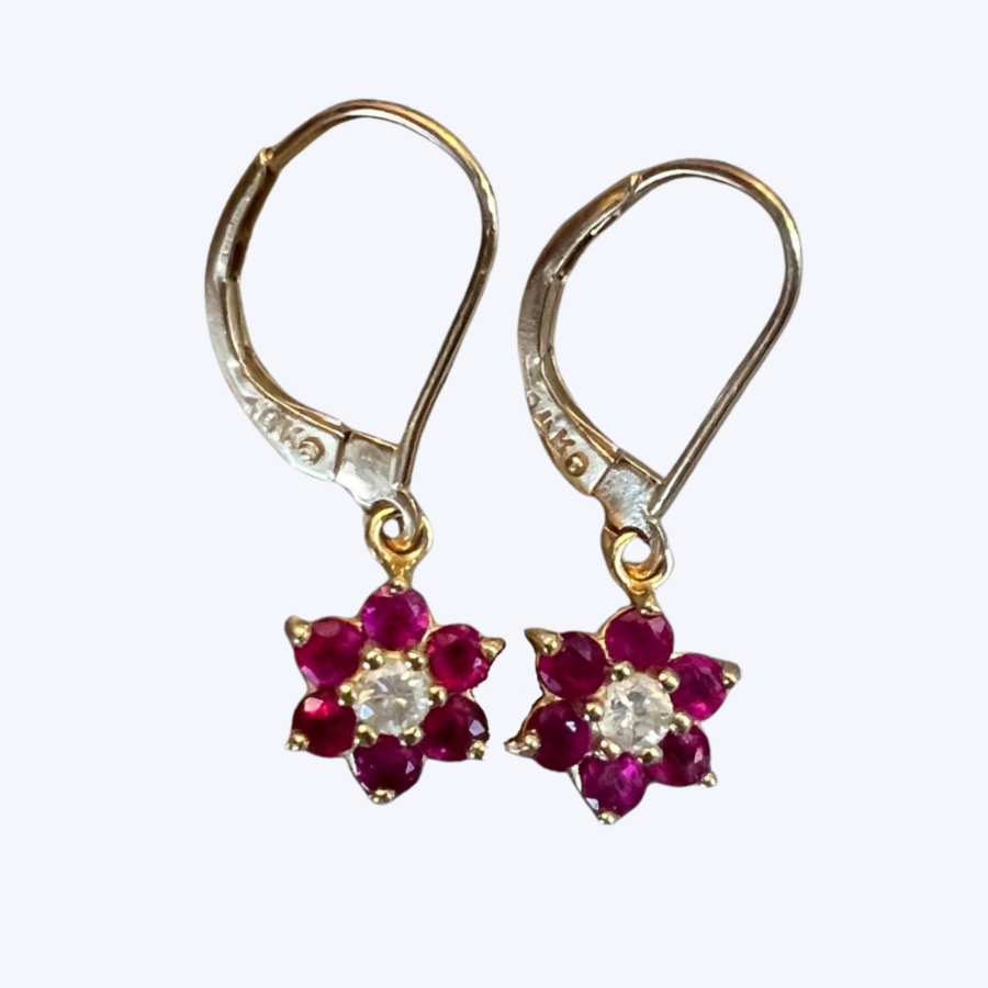 Vintage Ruby and Diamond Flower Dangle Earrings