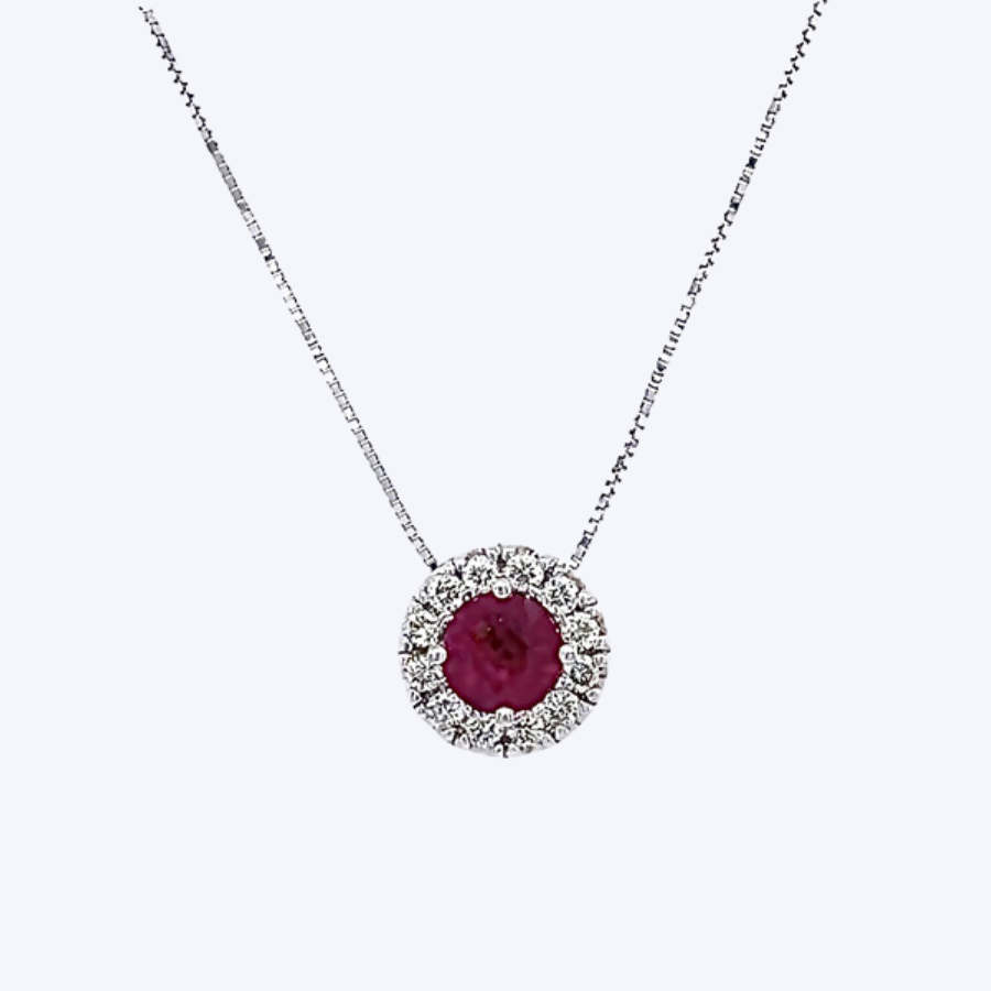 Ruby with Diamond Halo Pendant Necklace