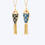 Fish For Love Collection Double-Sided Black and Navy Blue Enamel Set with Rubies Necklace