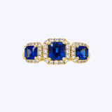 3-Stone Royal Blue Sapphire Diamond Halo Ring
