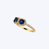 3-Stone Royal Blue Sapphire Diamond Halo Ring