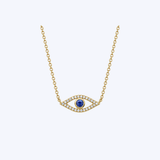 14K Yellow Gold 0.08ctw Diamond and .09ctw Sapphire Evil Eye Necklace - 18"/1.1mm (R+J)