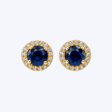 14K Yellow Gold 1.08ctw Sapphire and .09ctw Diamond Halo Stud Earring - 7.2mm (R+J)