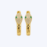 14K Yellow Gold .20ctw Diamond and .06ctw Emerald Snake Huggie Hoops - 14.8mm (R+J)