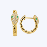 14K Yellow Gold .20ctw Diamond and .06ctw Emerald Snake Huggie Hoops - 14.8mm (R+J)