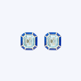 Goshwara 18K Yellow Gold Emerald Cut Blue Topaz with Lapis Inlay Stud Earrings - BT-7.99ctw