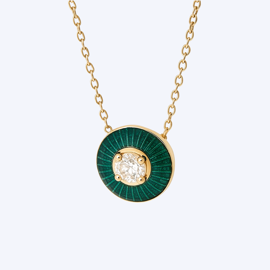 Mina Collection Petite Kiwi Green Enamel Set with Diamond Circle Pendant