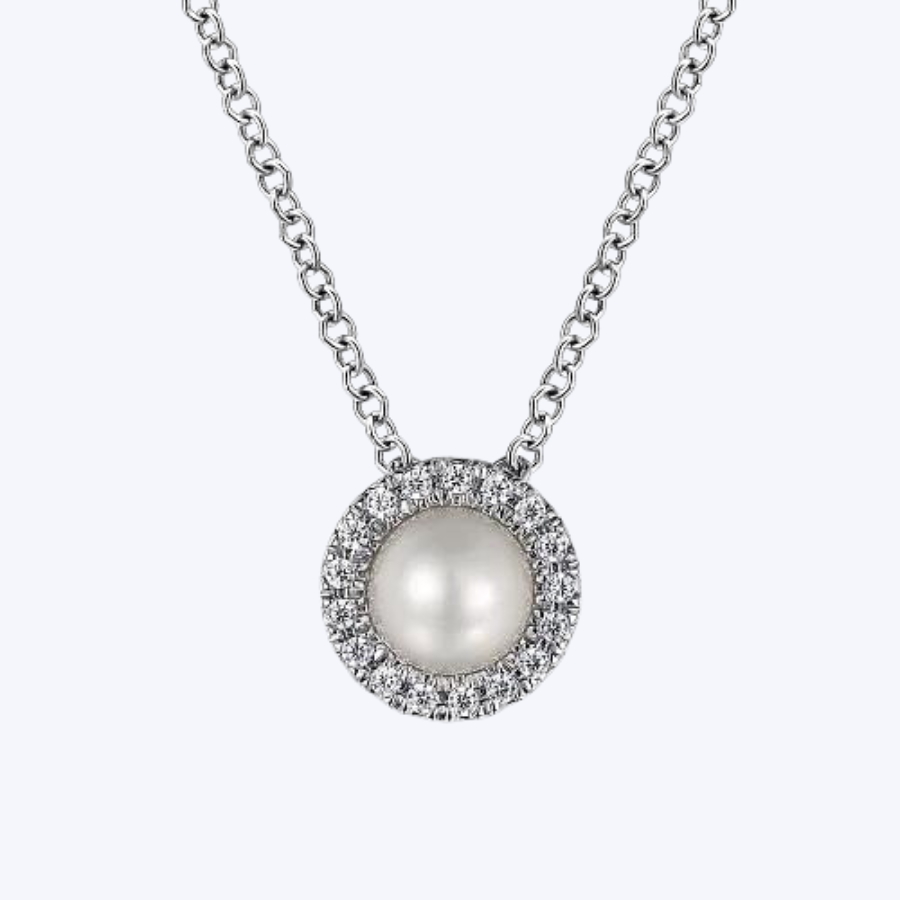Pearl and Diamond Halo Pendant Necklace