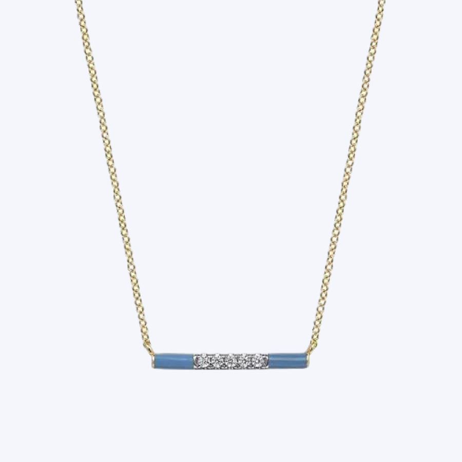 Diamond Bar Necklace with Blue Enamel