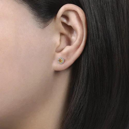Citrine & Diamond Halo Stud Earrings