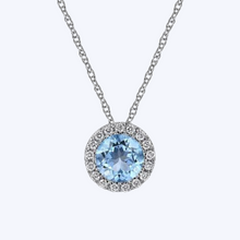 Load image into Gallery viewer, Swiss Blue Topaz and Diamond Halo Pendant Necklace
