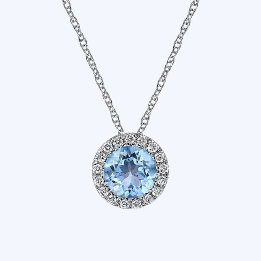 Swiss Blue Topaz and Diamond Halo Pendant Necklace