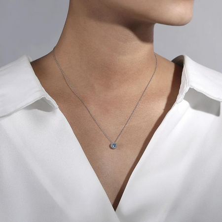 Swiss Blue Topaz and Diamond Halo Pendant Necklace