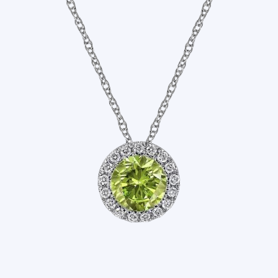 Gaby White Gold Peridot and Diamond Halo Pendant Necklace
