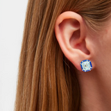 Goshwara 18K Yellow Gold Emerald Cut Blue Topaz with Lapis Inlay Stud Earrings - BT-7.99ctw