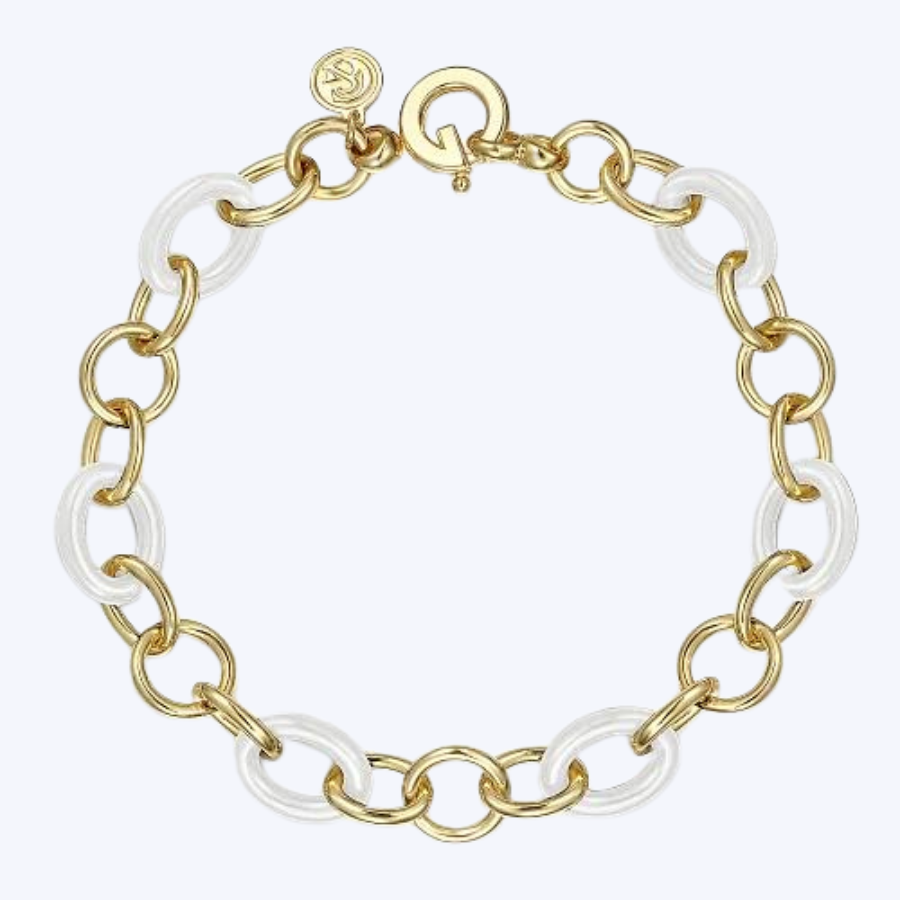 Hollow Tube and White Oval Ceramic Link Chain Tennis Bracelet
