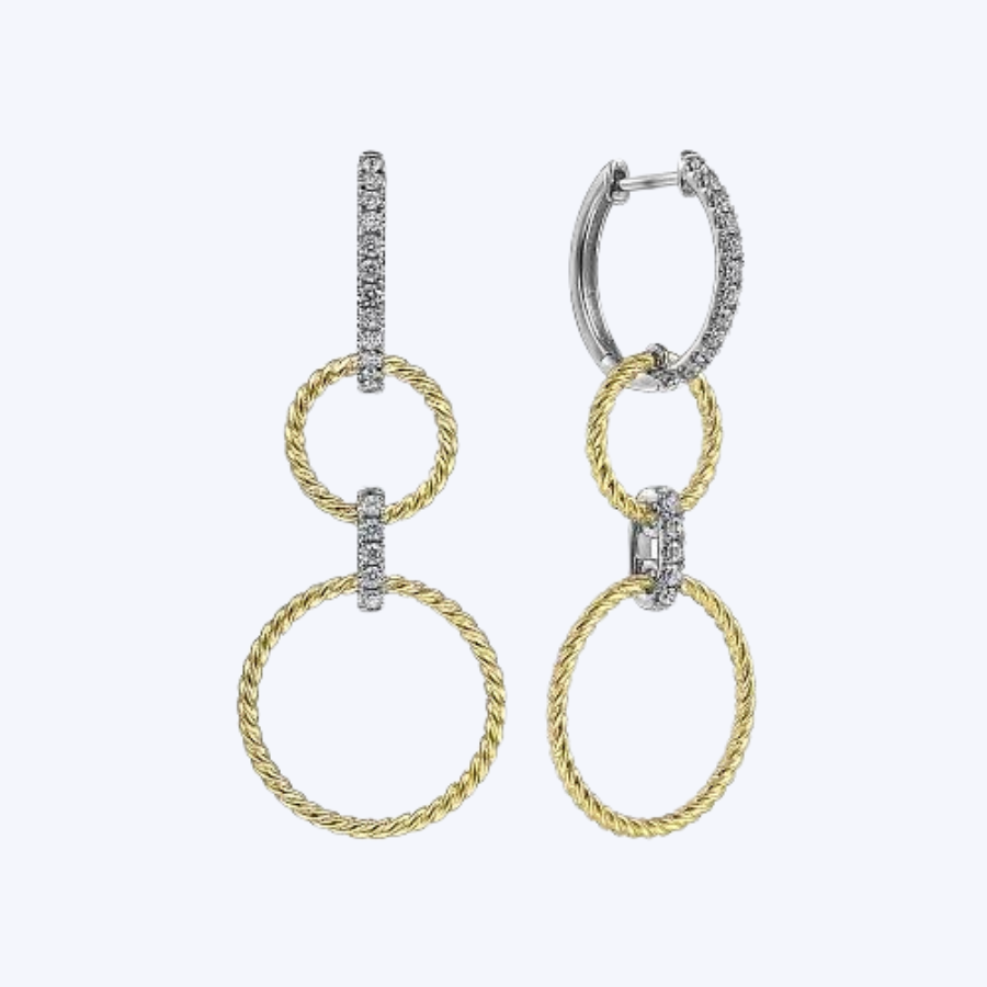 Twisted Rope and Diamond Open Circle Huggie Drop Earrings