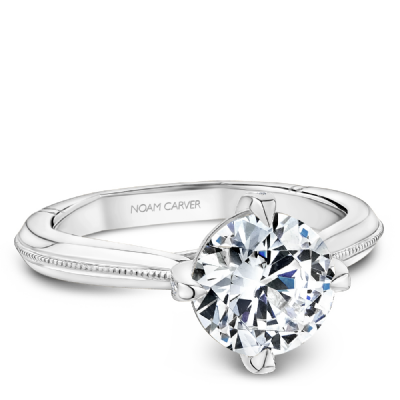 White Gold Milgrain Solitaire Engagement Ring with Hidden Halo