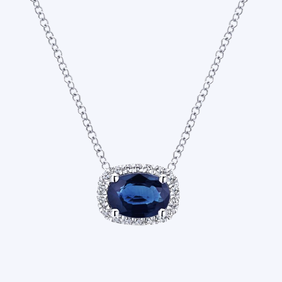 Oval Sapphire and Diamond Halo Pendant Necklace