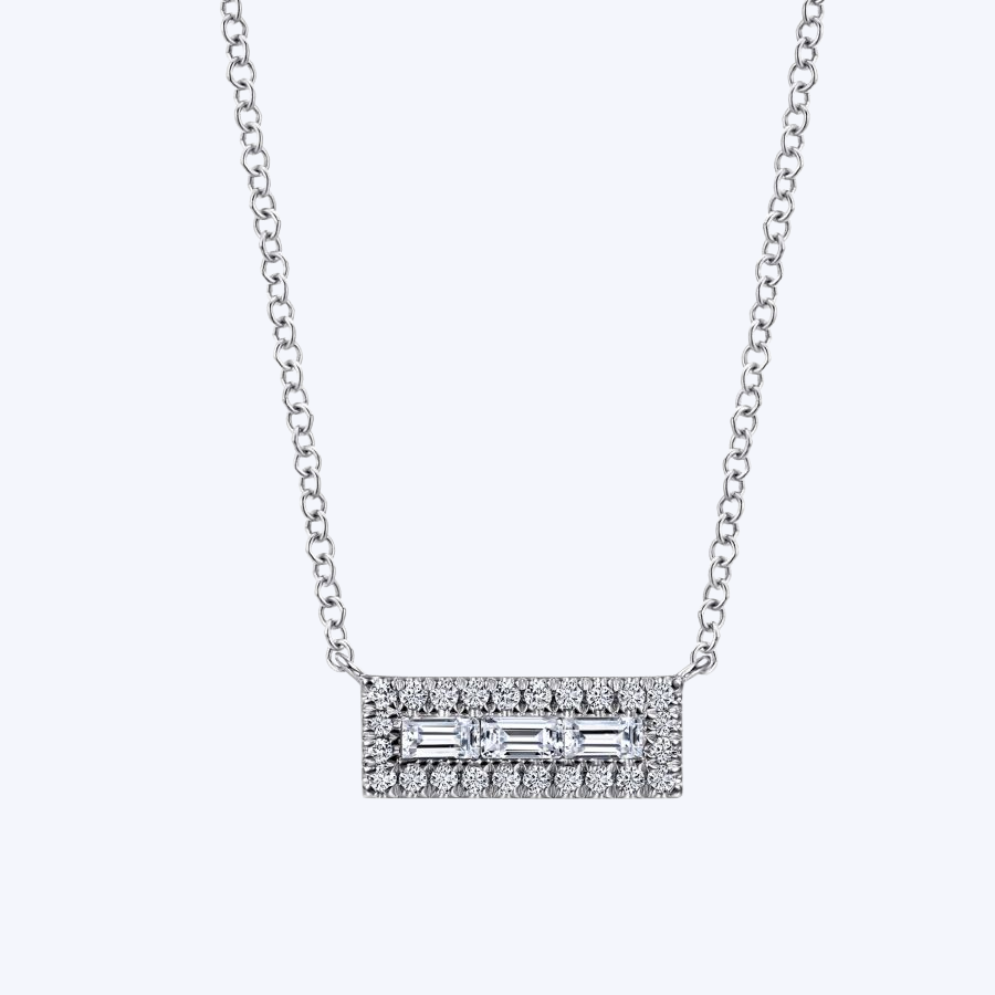 Baguette and Round Diamond Rectangle Pendant Necklace