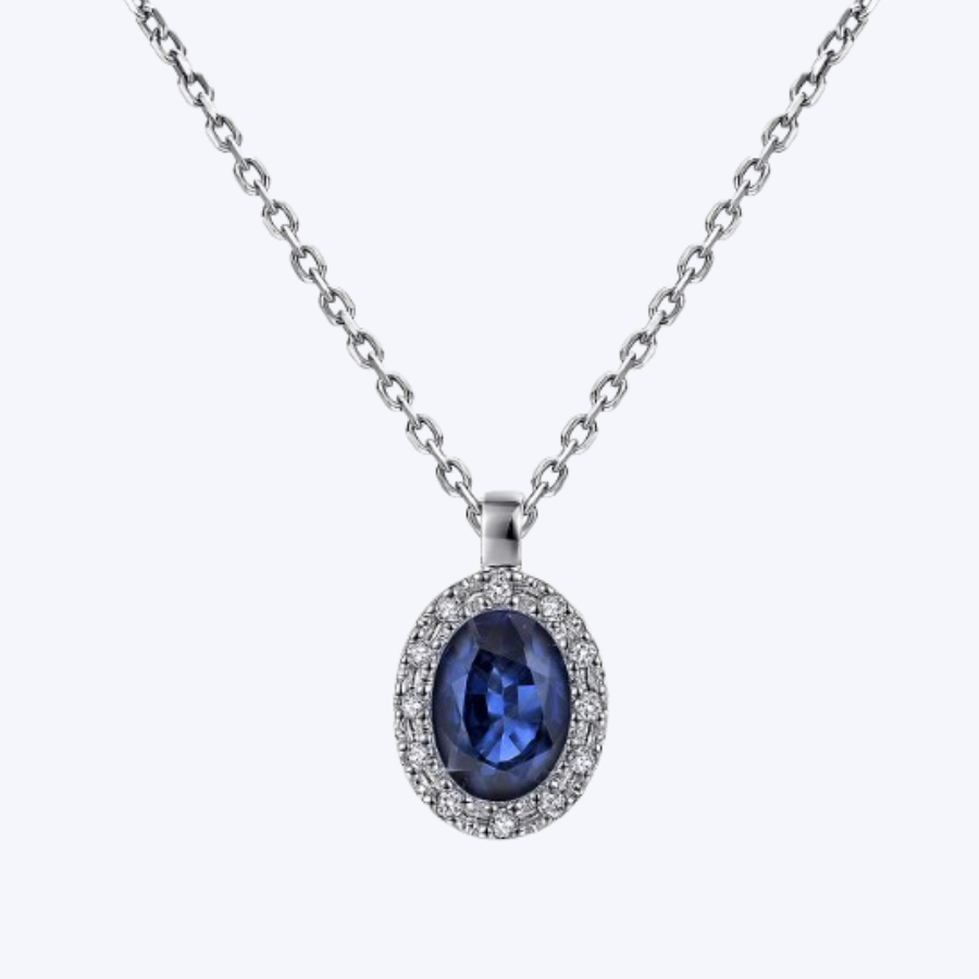 Dark Sapphire and Diamond Halo Drop Necklace