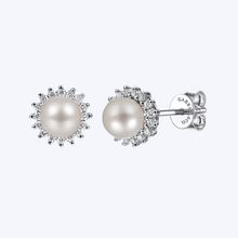 Load image into Gallery viewer, Round Diamond Halo Freshwater Pearl Stud Earrings

