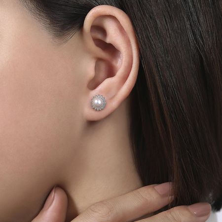 Round Diamond Halo Freshwater Pearl Stud Earrings