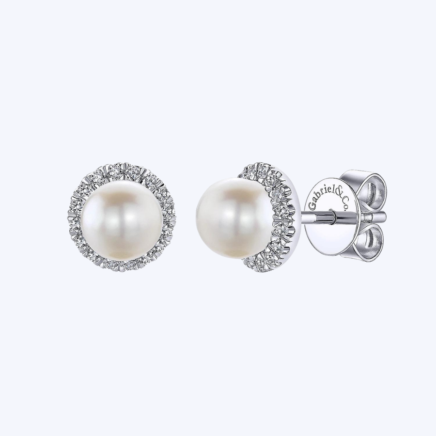 Round Diamond Halo Pearl Stud Earrings