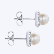 Load image into Gallery viewer, Round Diamond Halo Pearl Stud Earrings
