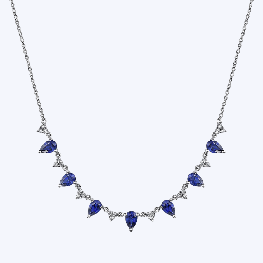 Diamond & Teardrop Blue Sapphire Station Necklace